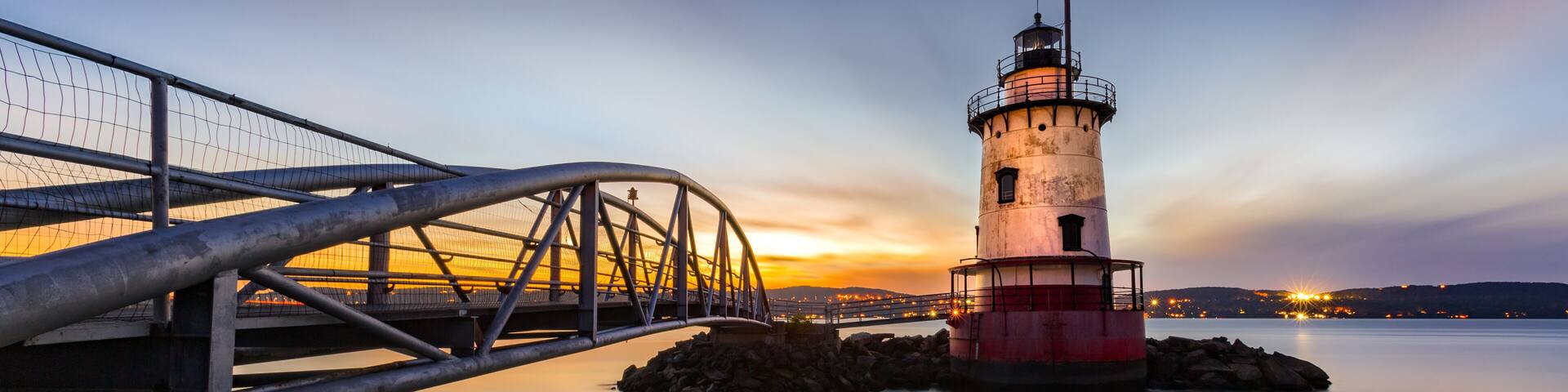 Sleepy Hollow Lighthouse (aka Tarrytown Light) at dusk. The cast iron tower was installed in 1883 and operated until 1961.