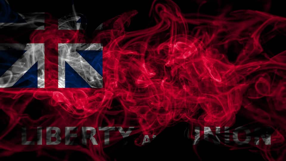 A stylized representation of the AK flag with smoke effects and the words "LIBERTY UNION".