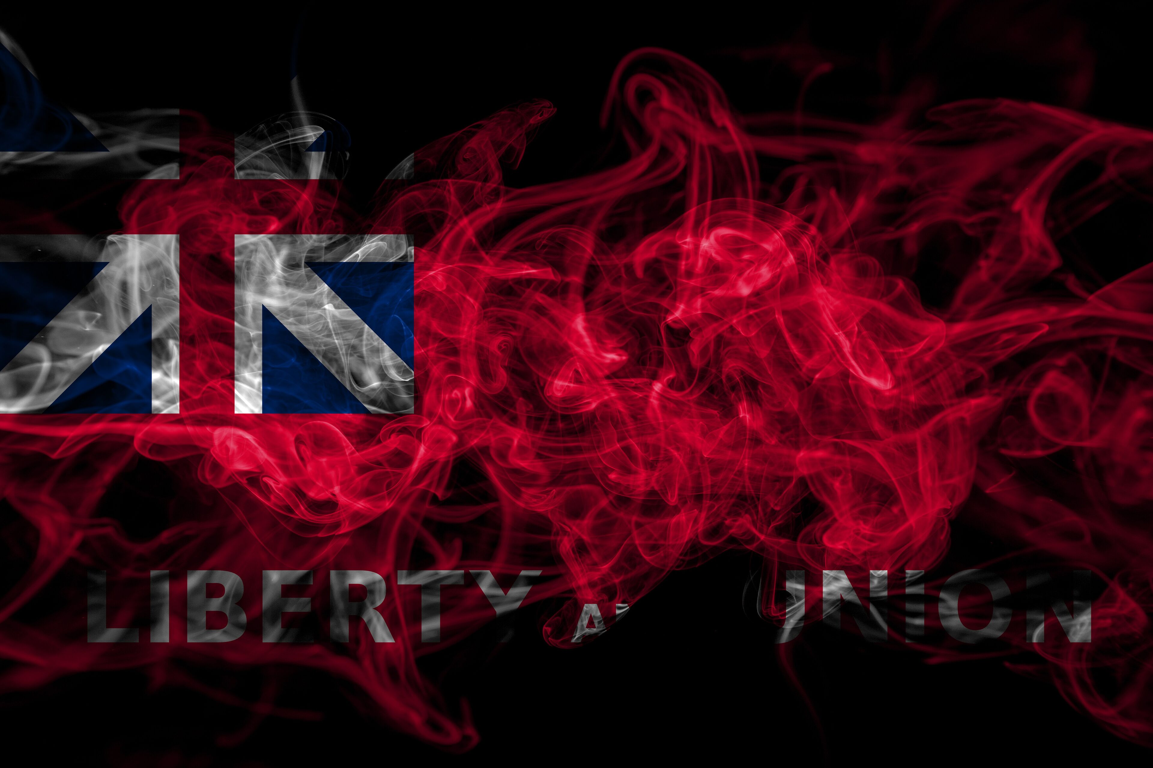 A stylized representation of the AK flag with smoke effects and the words "LIBERTY UNION".