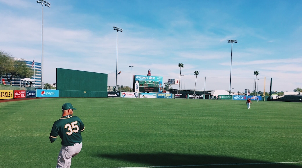 Get close to the dugout of the away team pitchers at the Angles spring training stadium.