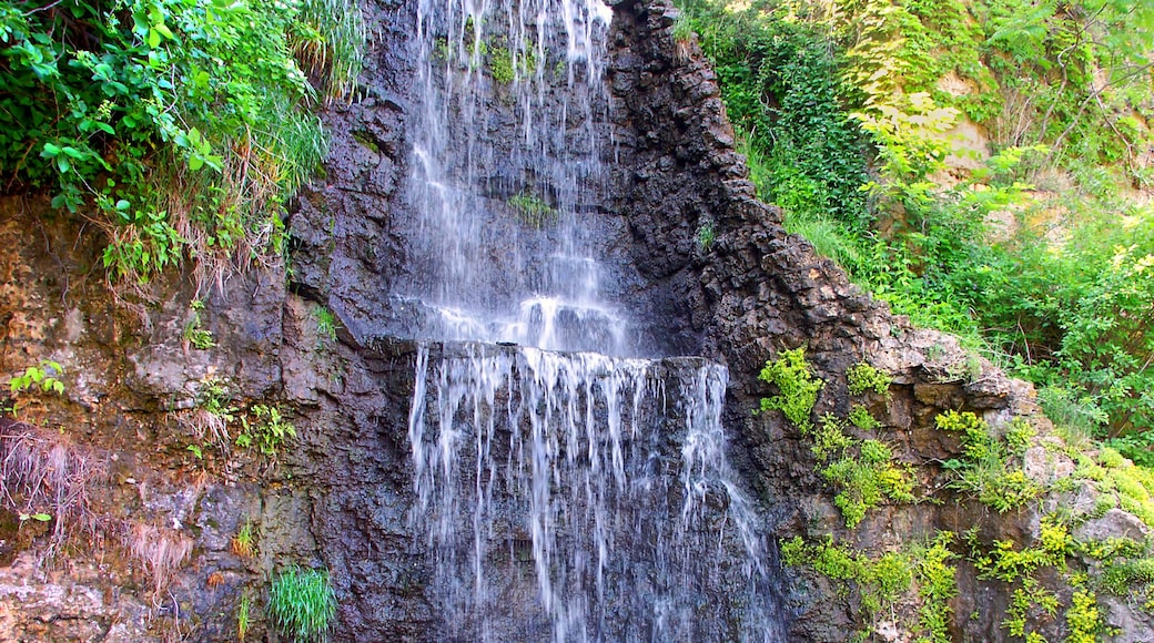A multi-tiered waterfall cascading down a rocky cliff surrounded by lush greenery.