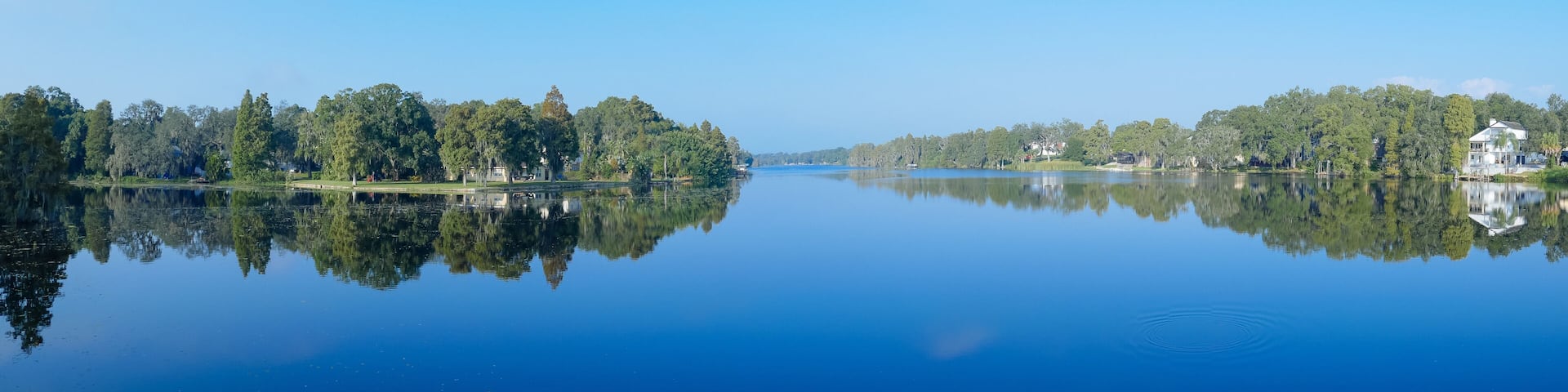 A calm lake with dense trees on both sides, a clear sky, and a distant house.