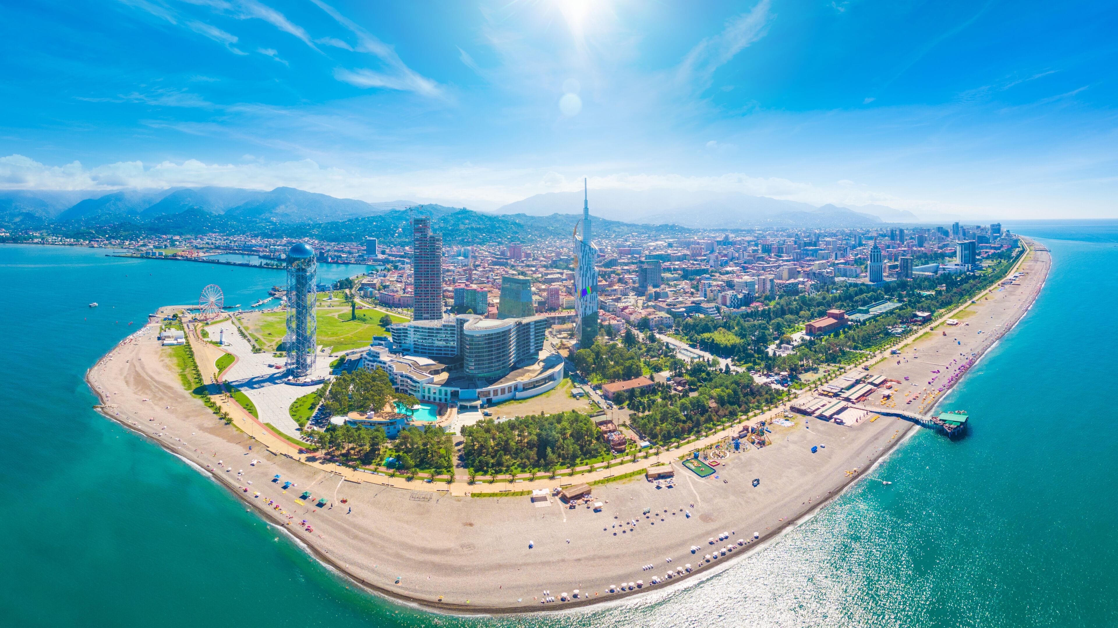 Aerial image of beautiful Batumi made with drone in sunny summer weather.