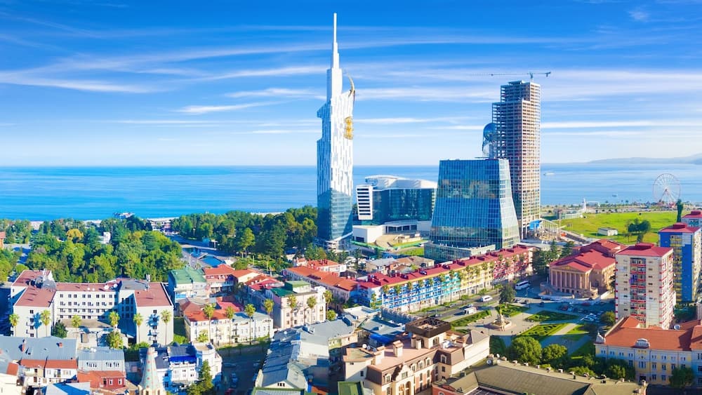 Aerial panoramic image of beautiful Batumi in Georgia made with drone in sunny summer weather.