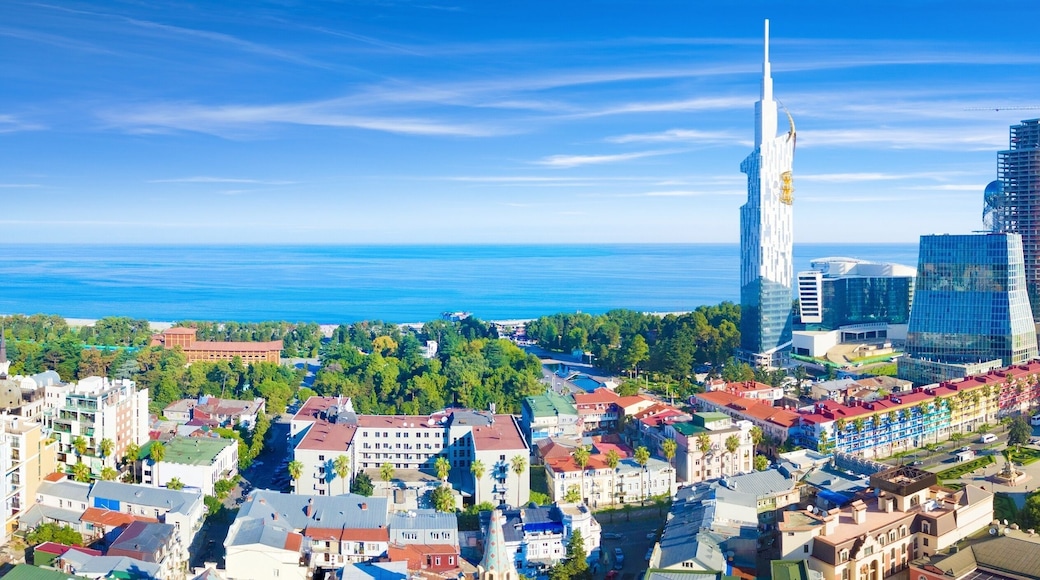 Aerial panoramic image of beautiful Batumi in Georgia made with drone in sunny summer weather.