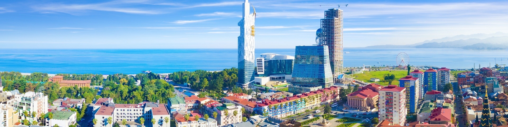 Aerial panoramic image of beautiful Batumi in Georgia made with drone in sunny summer weather.