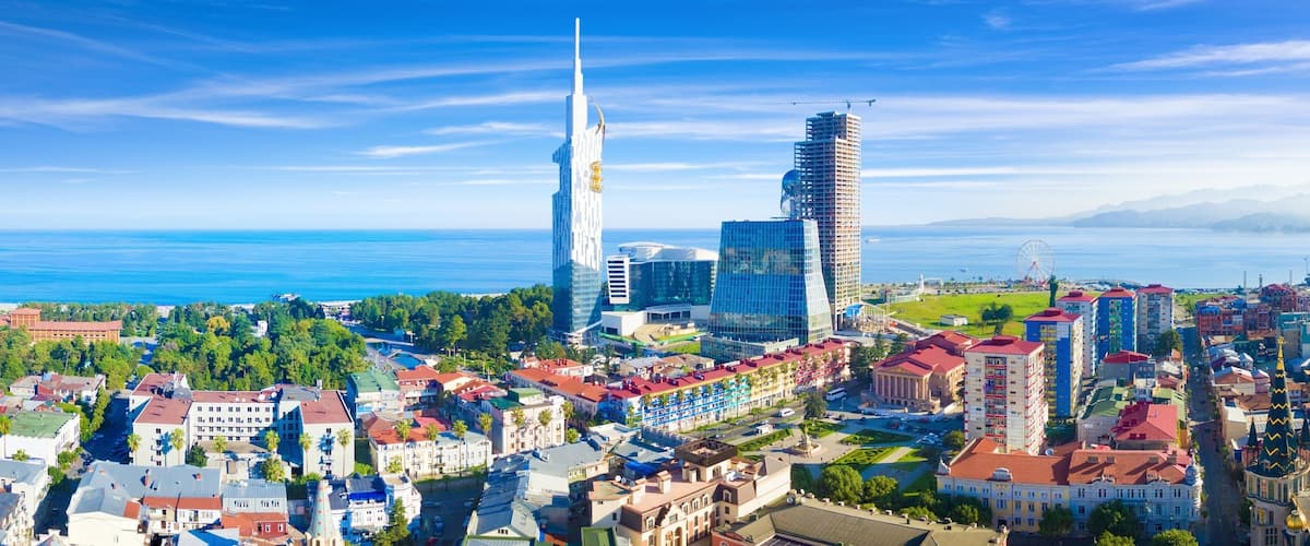 Aerial panoramic image of beautiful Batumi in Georgia made with drone in sunny summer weather.