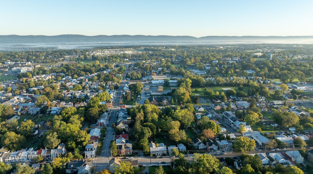 Aerial view of Carlisle, PA, showcasing a mix of residential, commercial buildings, and tree-lined streets under a clear morning sky.