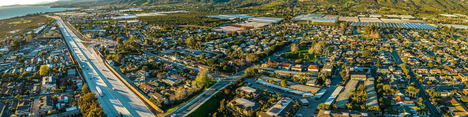 Highway 101 Carpinteria. Coast Road close to Santa Barbara. Aerial Panorama