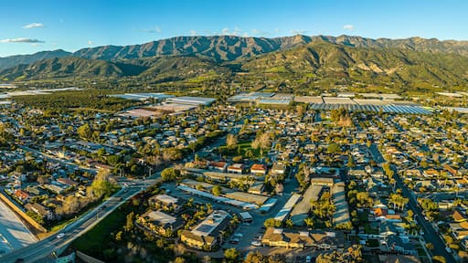 Highway 101 Carpinteria. Coast Road close to Santa Barbara. Aerial Panorama