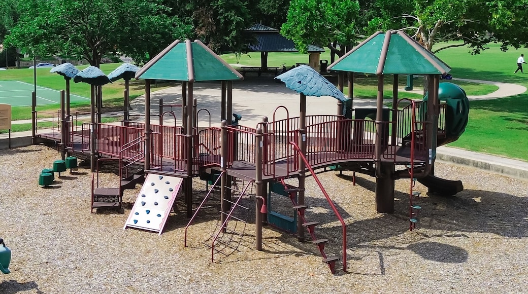 Panorama view upscale suburban houses near community park with playground, hopper fun bouncer string rider, basketball courts, baseball softball field backstop netting, West Plano, Texas, aerial