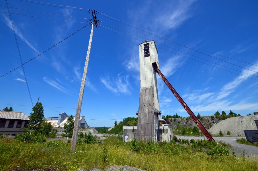 Old building in closed asbestos mine Black Lake (Thetford Mines) Quebec Canada