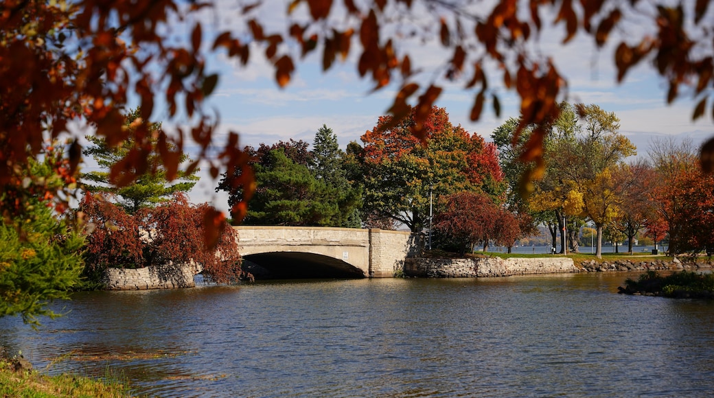 A stone bridge over a calm river, surrounded by trees with autumn foliage.