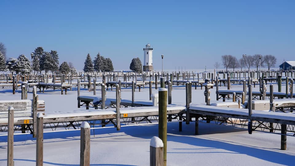 Fond du Lac, Wisconsin's lighthouse standing out in the Winter season of February at Lakeside Park Winter Wonderland