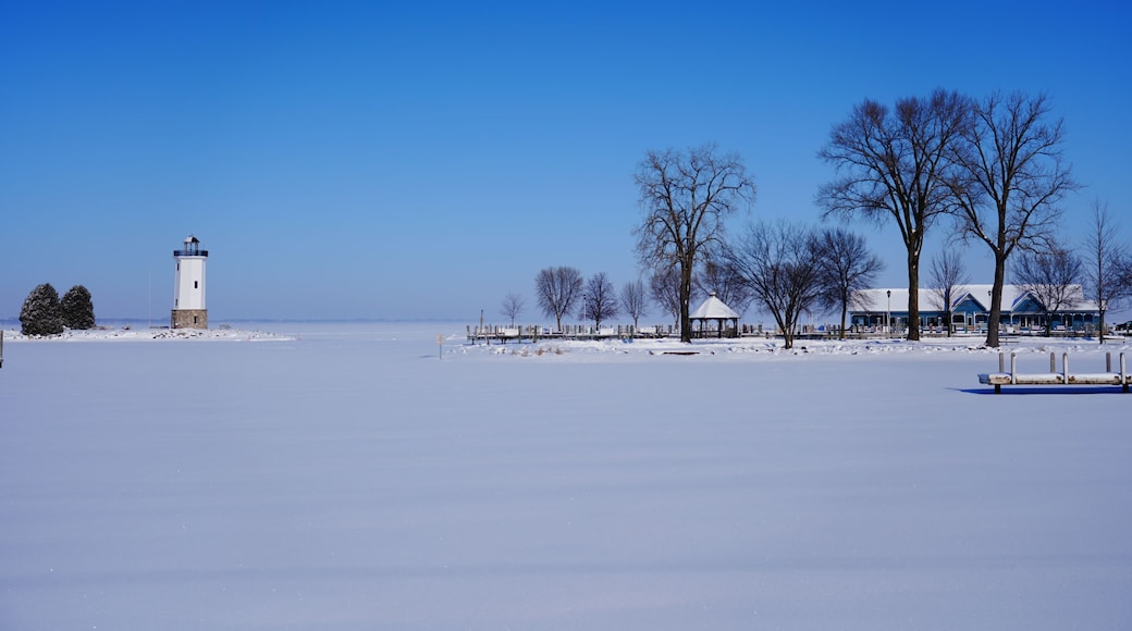 Fond du Lac, Wisconsin's lighthouse standing out in the Winter season of February at Lakeside Park Winter Wonderland