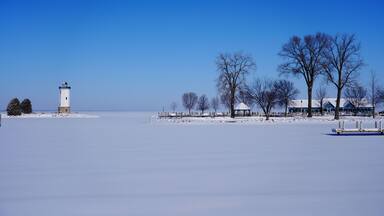 Fond du Lac, Wisconsin's lighthouse standing out in the Winter season of February at Lakeside Park Winter Wonderland
