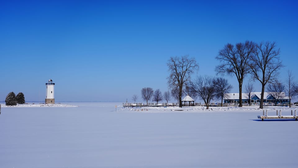 Fond du Lac, Wisconsin's lighthouse standing out in the Winter season of February at Lakeside Park Winter Wonderland