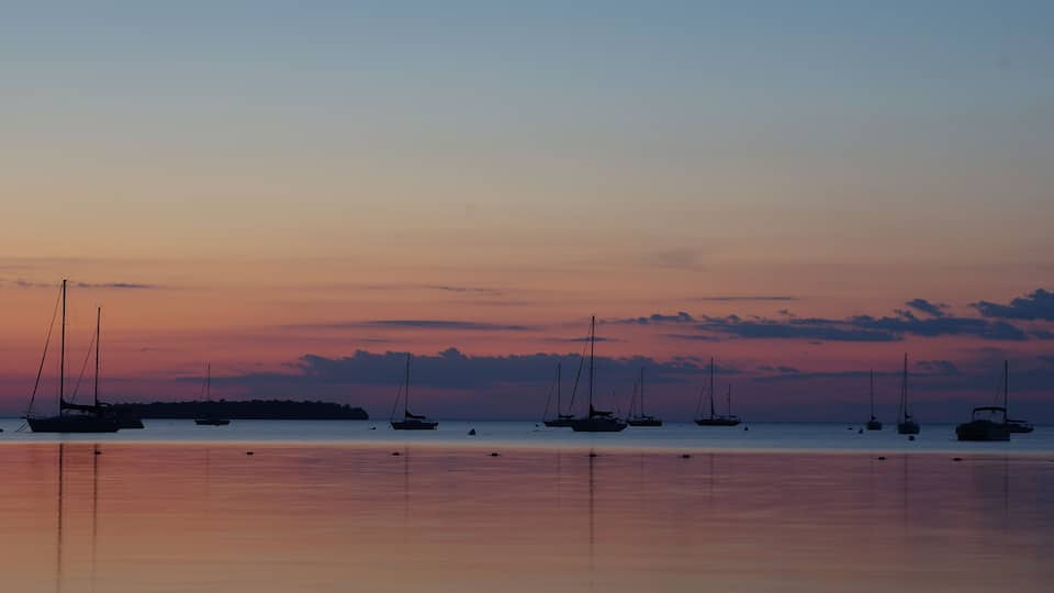 A calm harbor at sunset with several sailboats anchored in the water.