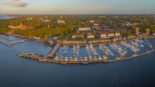 Panorama aerial view of shore of Flensburg Fjord with marina und Murwik Naval School. Panorama aerial view of Flensburg, Schleswig-Holstein, Germany.
