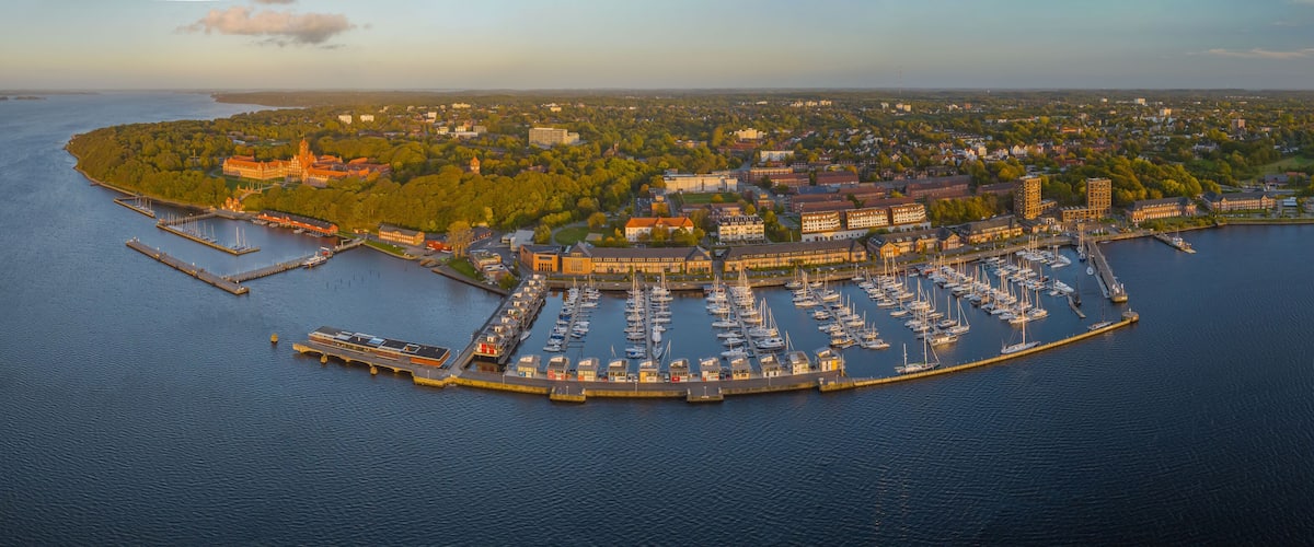 An aerial view of a marina with boats docked, surrounded by a cityscape and a forested island.