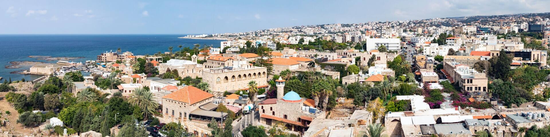 Byblos Lebanon - Panoramic view of the historic old buildings along the harbor