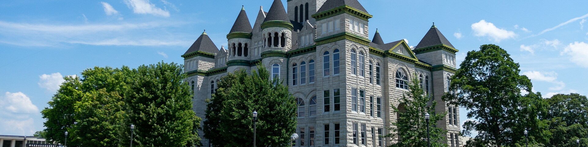 Low angle view of the Jasper Country Carthage courthouse in Missouri on a sunny day