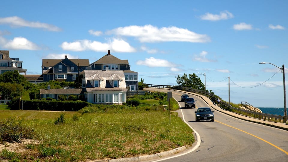 A coastal road with houses, a clear sky, and the ocean in the background.