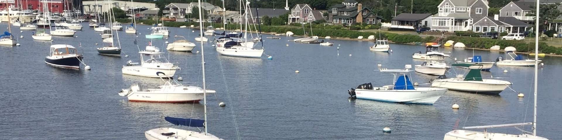The personal watercraft line the ferry passage to Martha's Vineyard like little toy boats!
