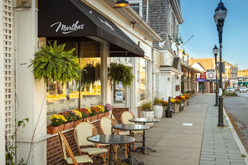 A restaurant named Martha's with outdoor seating and potted plants.