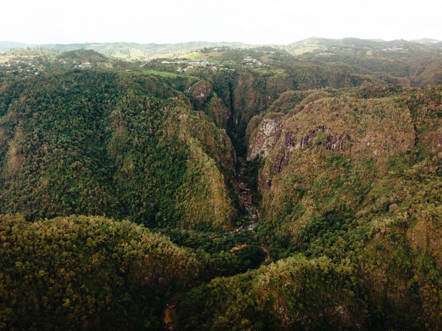 Green mountains landscape with ravines from the cañon san cristobal in puerto rico.