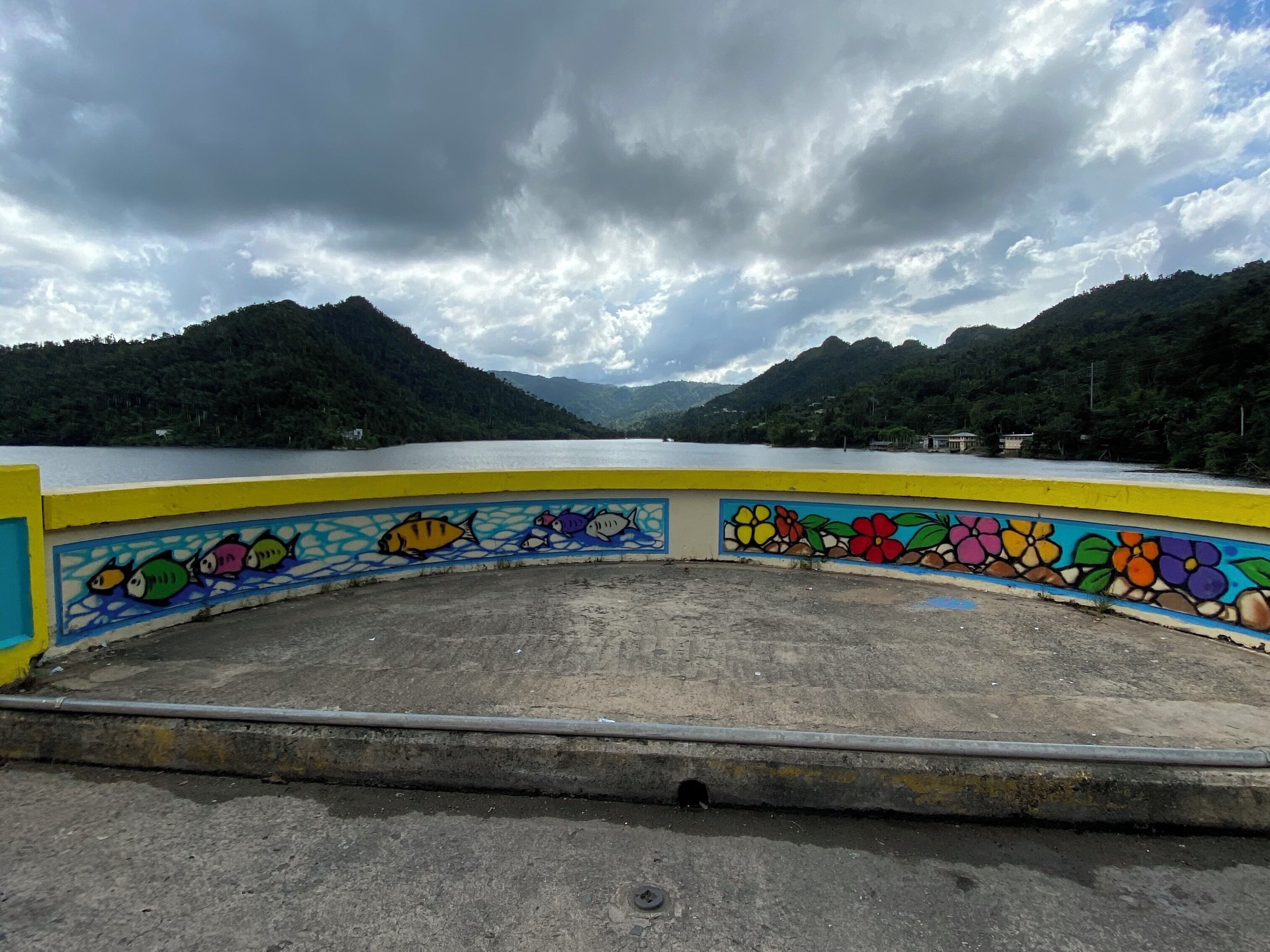 A scenic overlook with a colorful mural of fish and flowers on a concrete barrier overlooking a lake and forested hills.