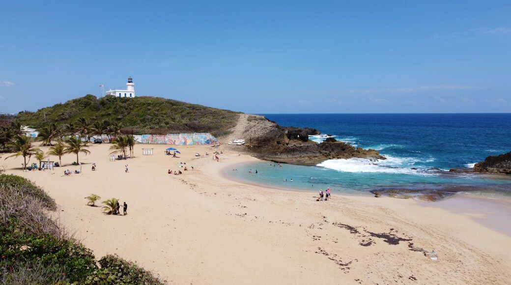 Una playa con un faro en una colina, palmeras y agua azul cristalina.