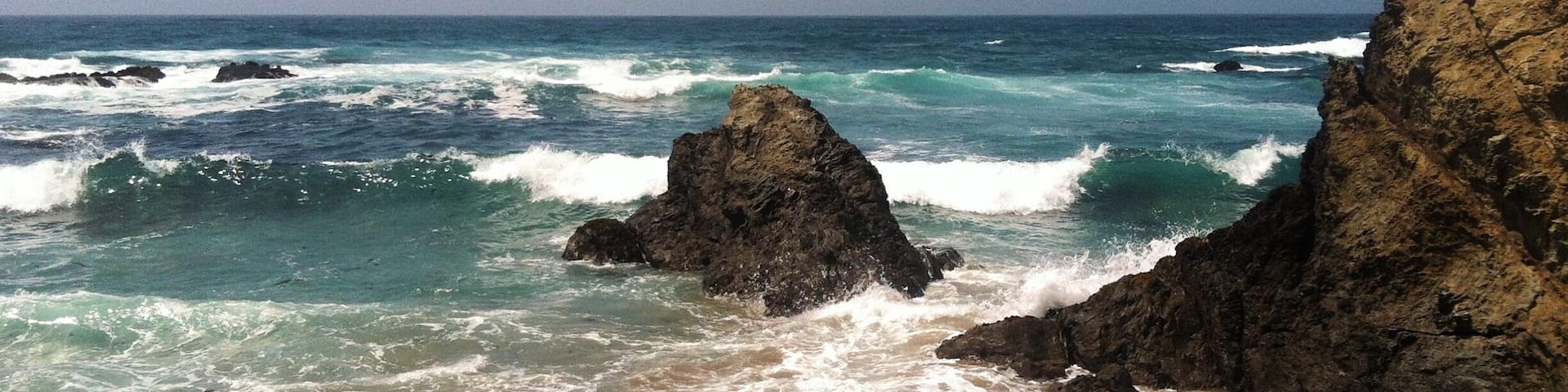 Una costa rocosa con olas rompiendo en la orilla.