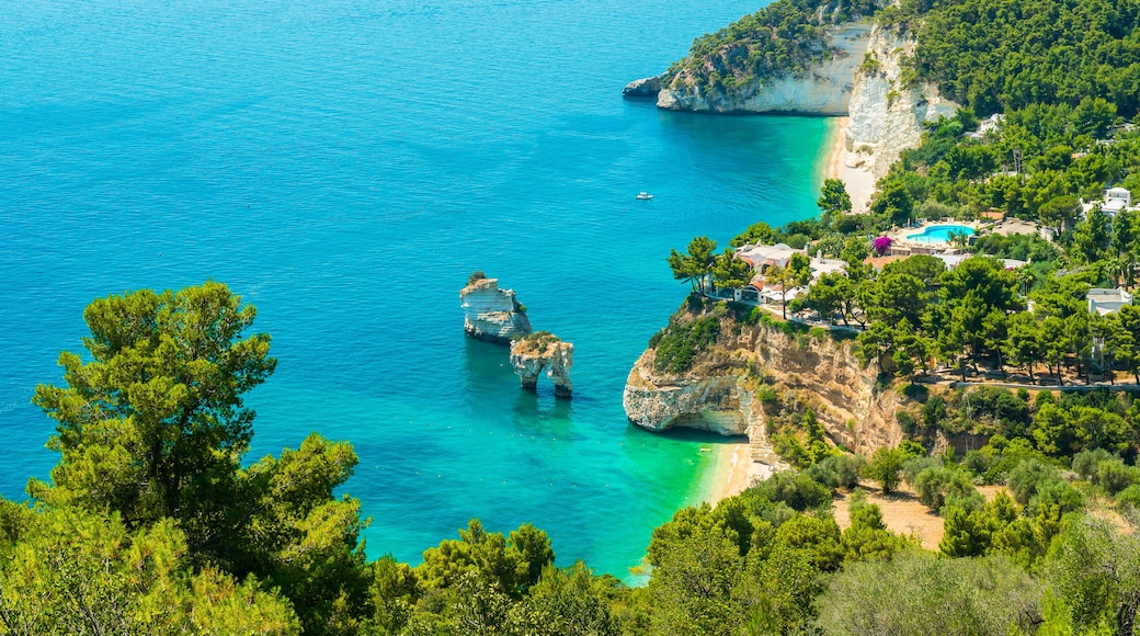 Paisagem costeira com águas turquesa cristalinas, afloramentos rochosos e uma praia com edifícios e vegetação.