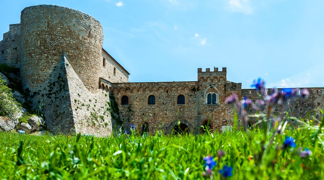 chart of the Bovino Castle, province of Foggia, seen with low angle to the level lawn in front. Southern Italy