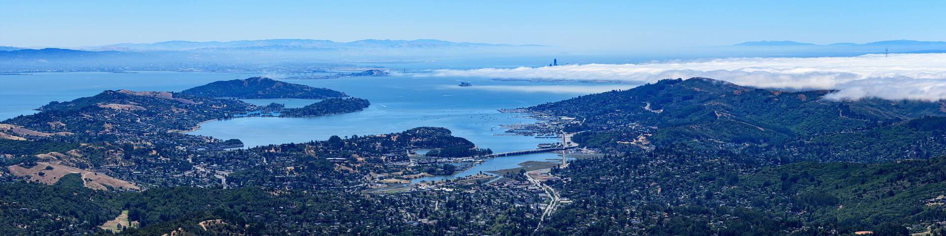 Panoramic view of San Francisco Bay from Mount Tamalpais with scenic dense fog covering Pacific Ocean and city of San Francisco