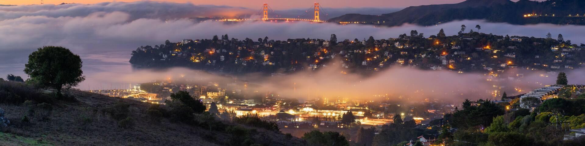 A rare valley fog pattern creates layers in the beautiful hills of Belvedere-Tiburon, with the Golden Gate in the background.
