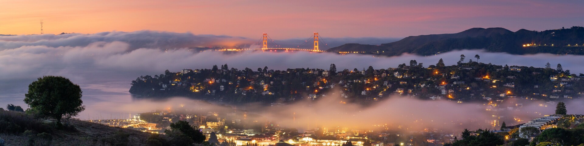 A rare valley fog pattern creates layers in the beautiful hills of Belvedere-Tiburon, with the Golden Gate in the background.