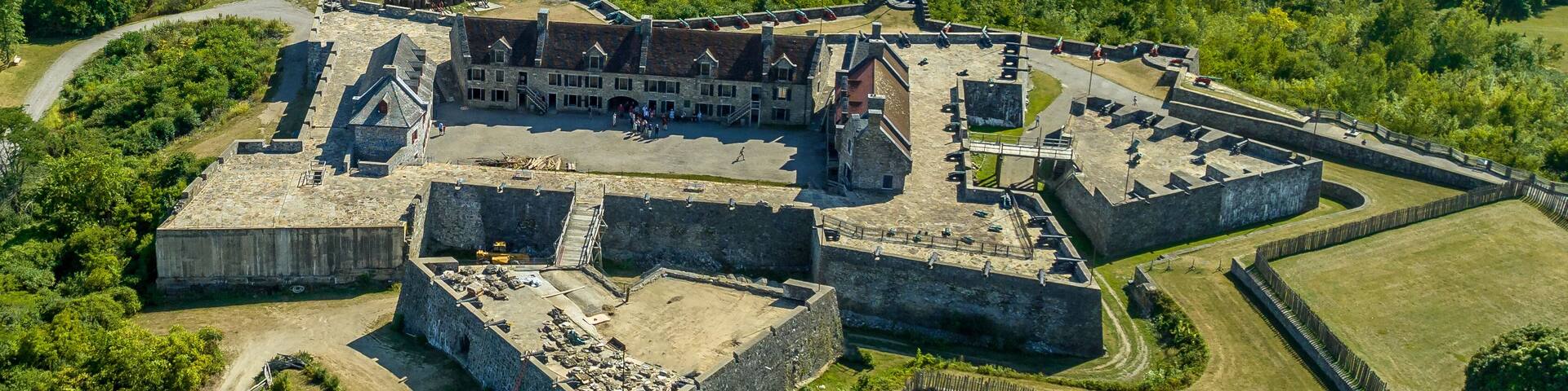 Close up aerial view of Fort Ticonderoga on Lake George in upstate New York from the revolutionary war era with four bastions, demi lune, ravelin, covered way and glacis