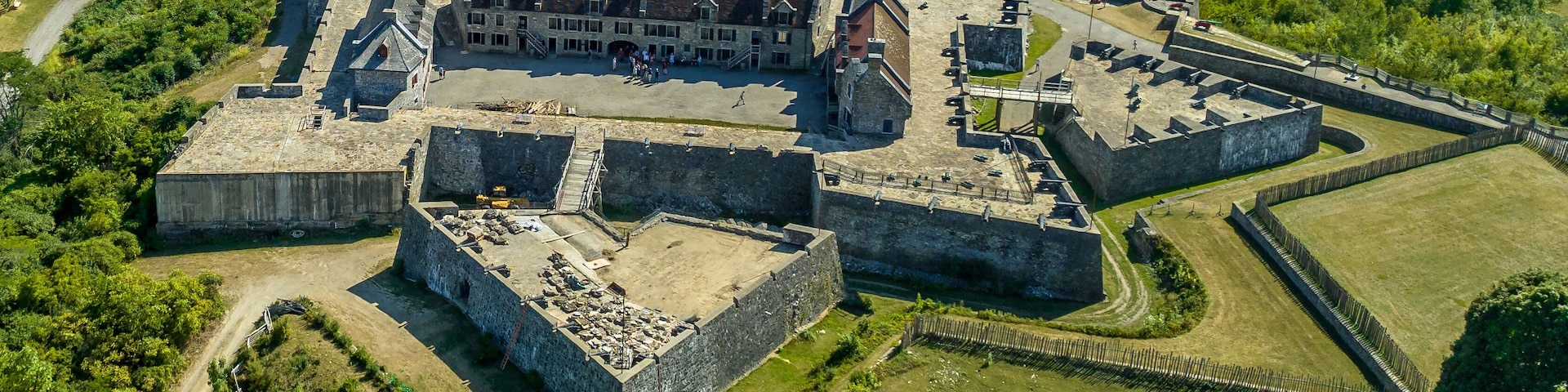 Close up aerial view of Fort Ticonderoga on Lake George in upstate New York from the revolutionary war era with four bastions, demi lune, ravelin, covered way and glacis