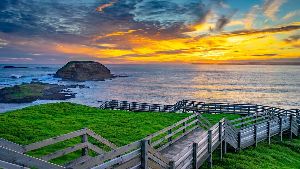 Timber walkway in Phillip island at sunset, Victoria, Australia