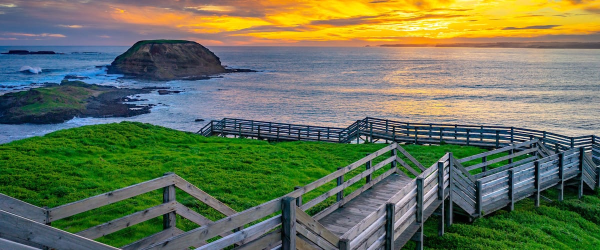 Timber walkway in Phillip island at sunset, Victoria, Australia