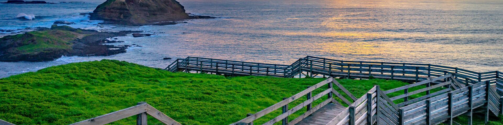 Timber walkway in Phillip island at sunset, Victoria, Australia