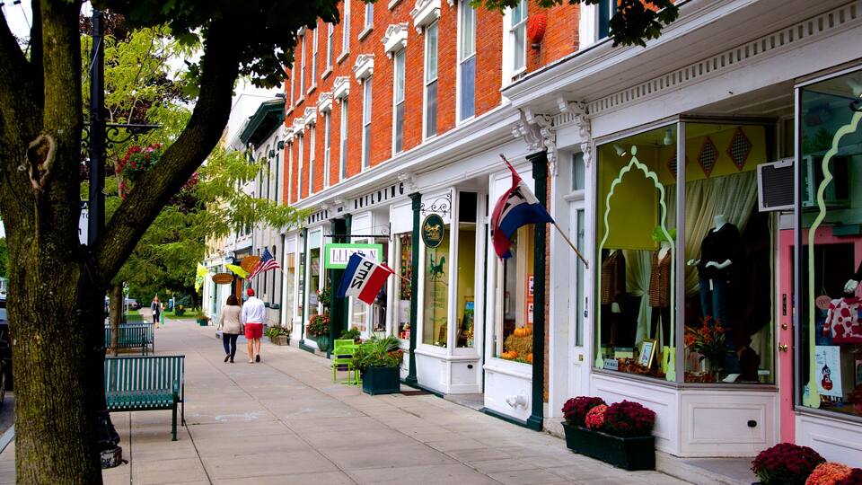 A tree-lined street with a bench, storefronts, and flags.
