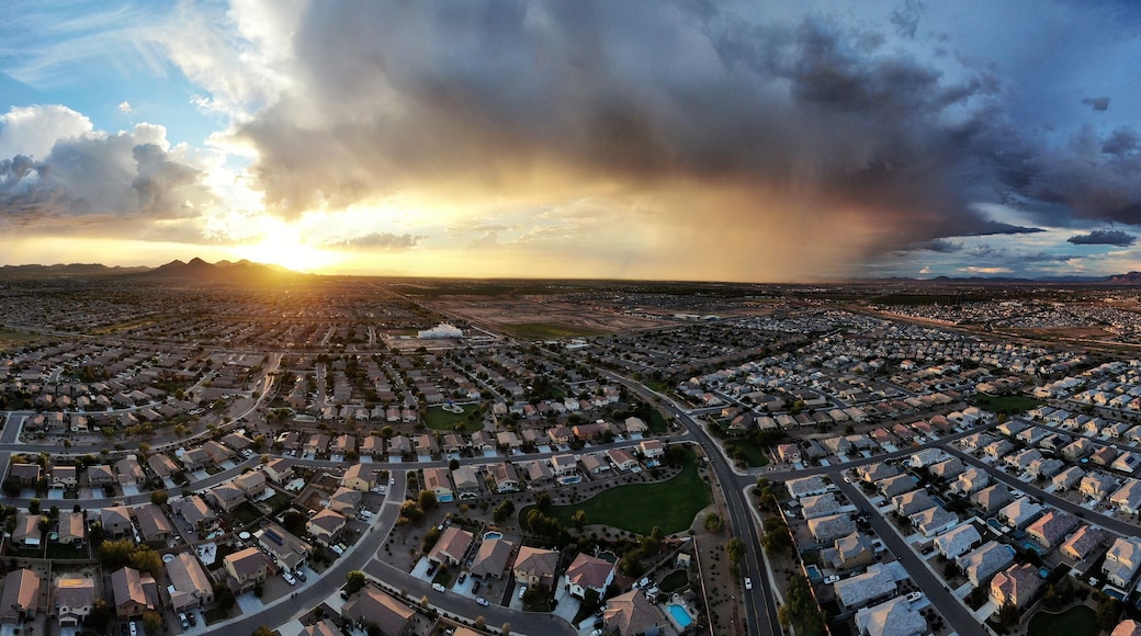 Aerial panorama of a great sunset over a suburb of Phoenix, Arizona.