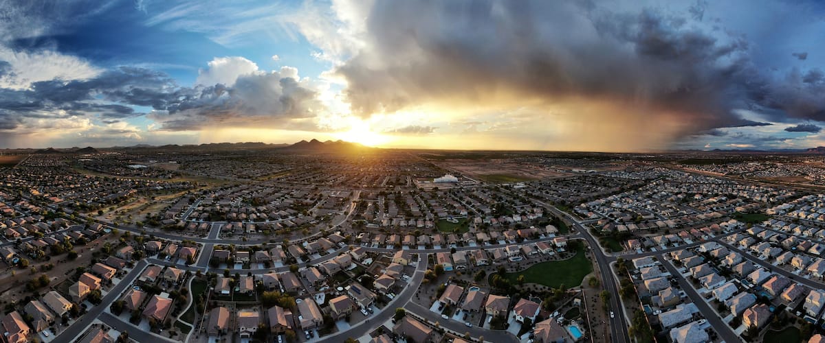 Aerial panorama of a great sunset over a suburb of Phoenix, Arizona.