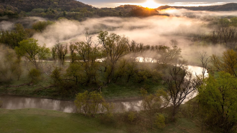 A misty river valley with trees and hills during sunrise.