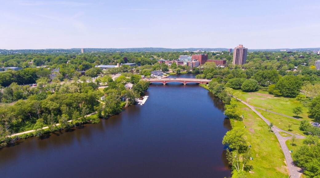 Charles River and Eliot Bridge aerial view in Allston, Boston, Massachusetts, USA.
