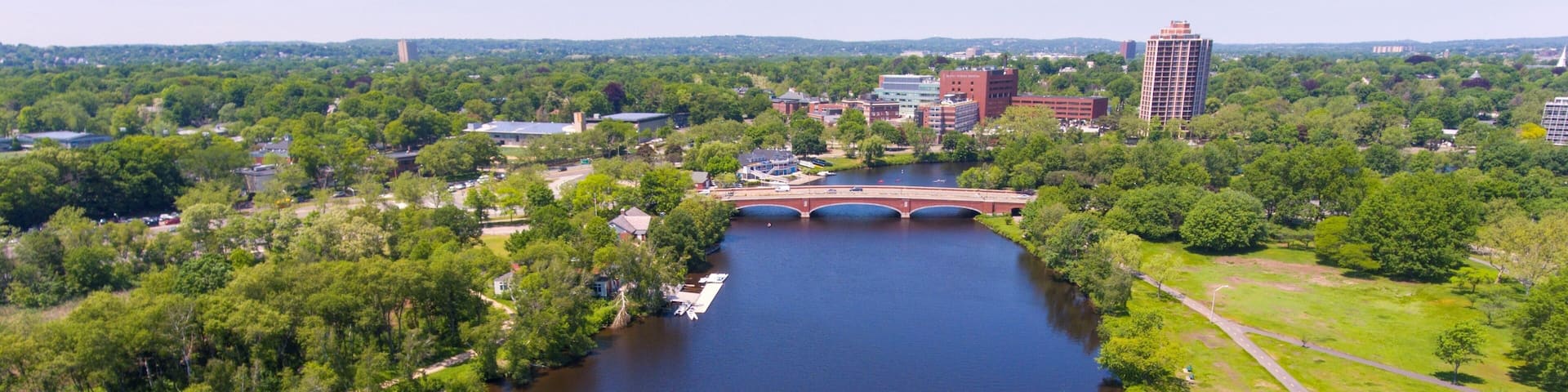 Charles River and Eliot Bridge aerial view in Allston, Boston, Massachusetts, USA.