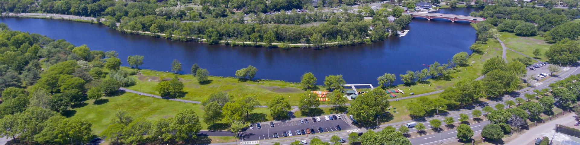 Charles River and Eliot Bridge aerial view in Allston, Boston, Massachusetts, USA.
